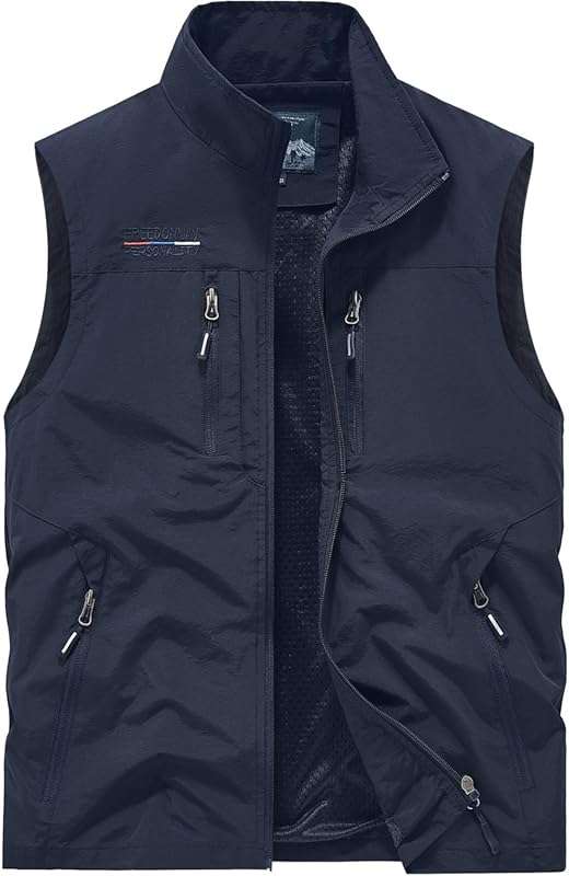 Men's Outdoor Utility Vest with Zippered Pockets and Stand Collar for 