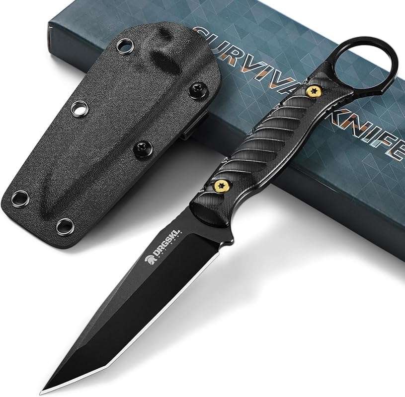 Tanto Fixed Blade Knife with Sheath, Full Tang, and D2 Steel for Hikin