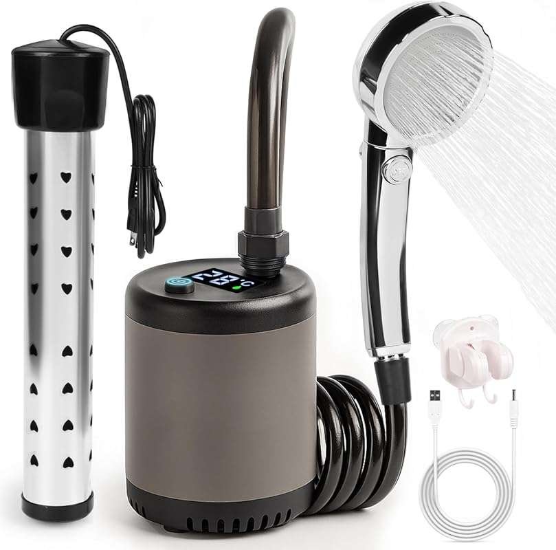 Rechargeable 1500W Camping Shower with Heater and Pump, Suitable for O
