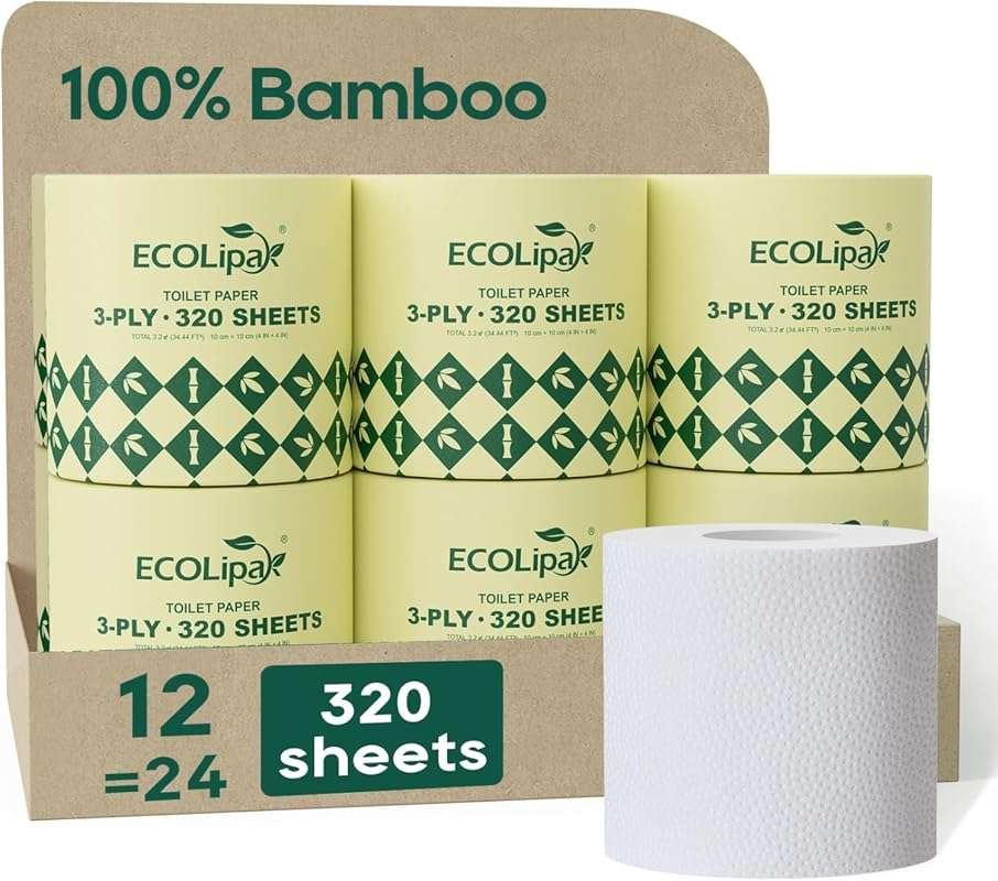 Ecolipak Bamboo 3-Ply Septic Safe Toilet Paper, 12 Double Rolls, Soft,