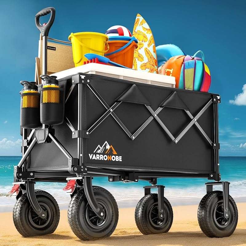 Big Rubber Wheels Beach Wagon Cart, Heavy Duty Collapsible Utility Wag