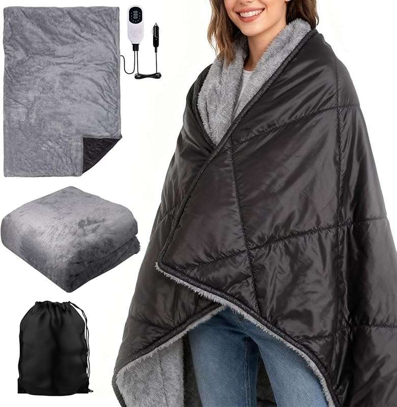 Reversible 12V Electric Blanket for Car and Camping, Auto Off, Portabl