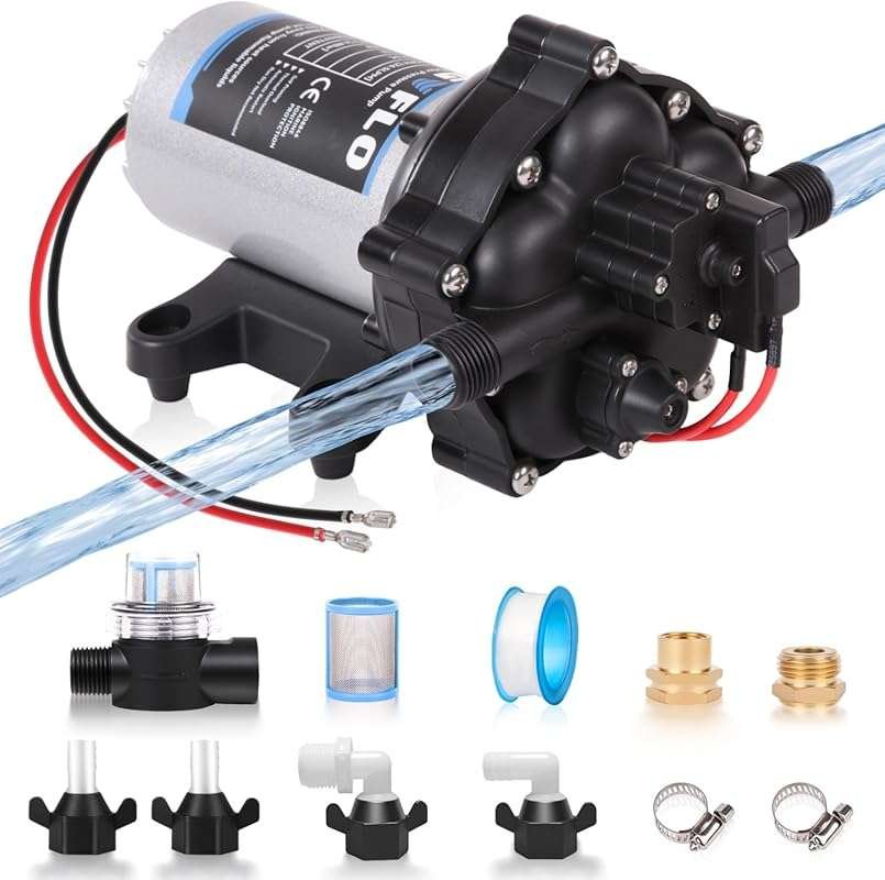 12 Volt RV Fresh Water Pump: 7 GPM, 70 PSI, Five-Chamber Self-Priming