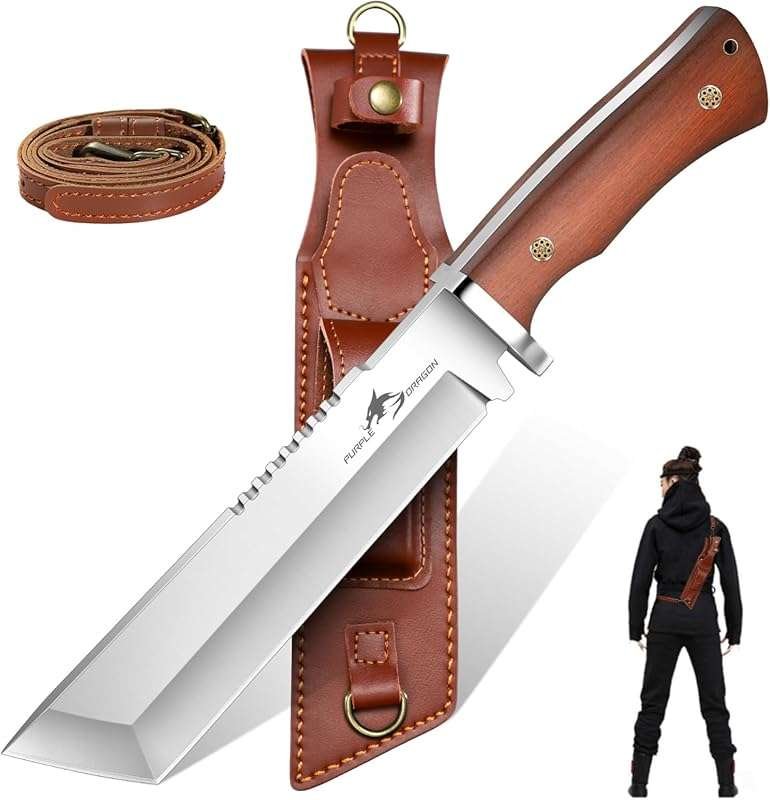 Tanto Fixed Blade Knife with Back-Carry Sheath, Full Tang, and Wooden 