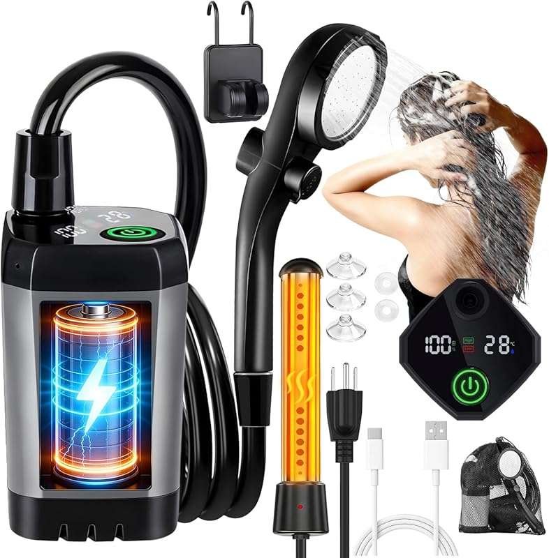 2000W Portable Camping Water Heater with Heater, 3 Spray Modes, Rechar