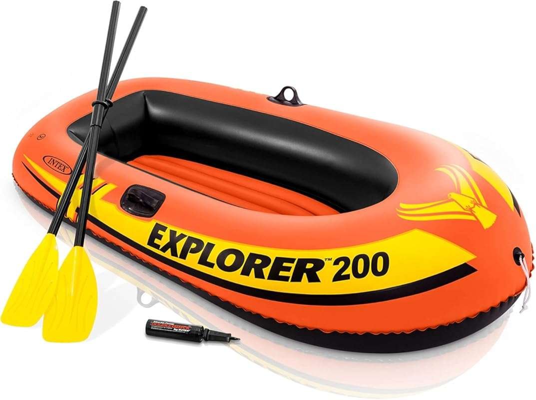 INTEX Explorer Inflatable Boat: Dual Air Chambers, Oar Locks, Grab Han