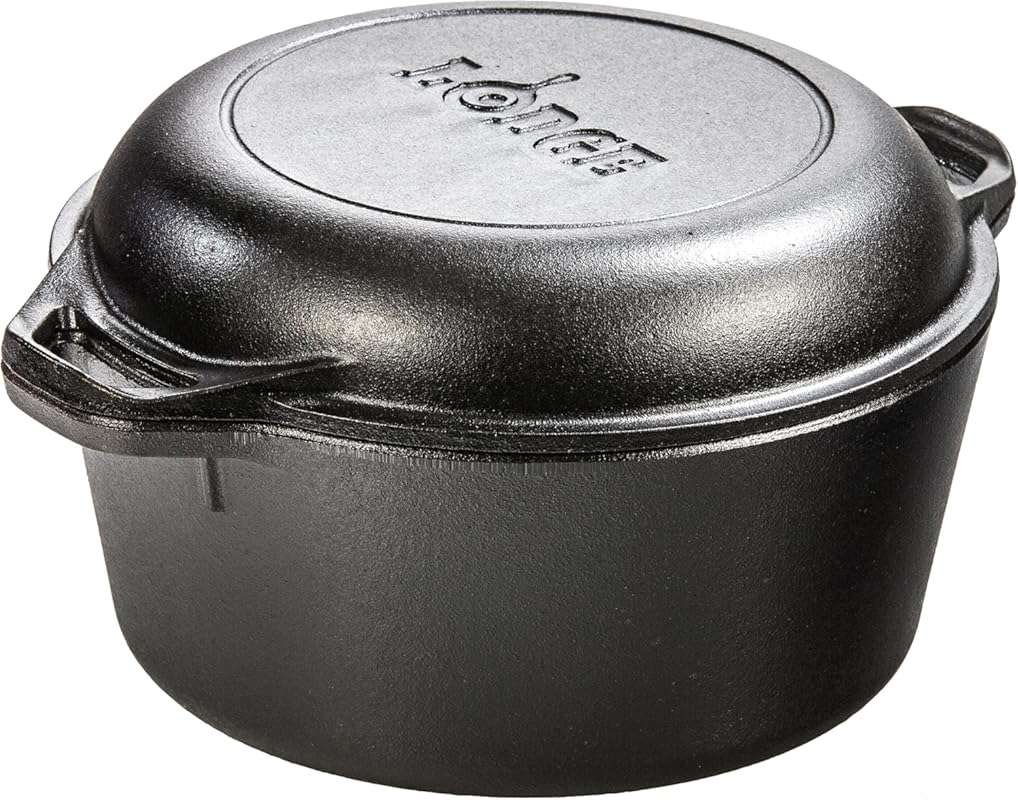 Lodge 5 Quart Pre-Seasoned Cast Iron Double Dutch Oven with Skillet Li