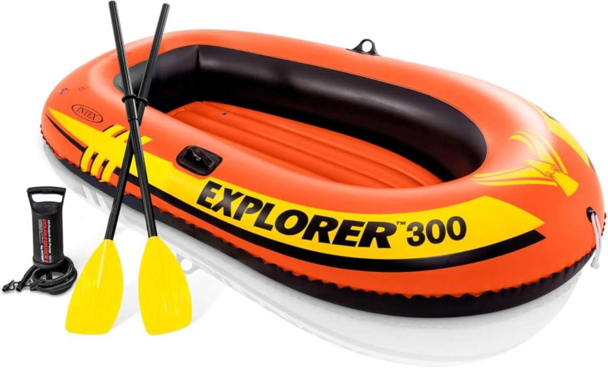 INTEX Explorer Inflatable Boat: Dual Air Chambers, Oar Locks, Grab Han
