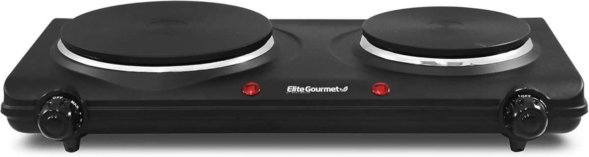 Elite Gourmet EDB-302BF Black Double Cast Iron Electric Hot Plate with