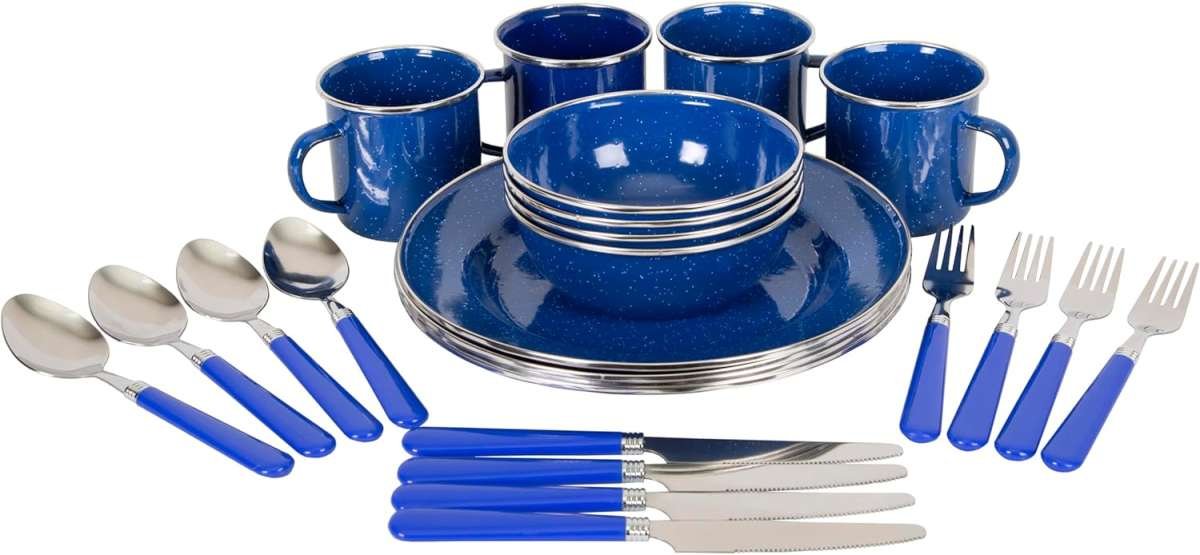 Stansport Deluxe 24-Piece Enamel Tableware Set: Lightweight & Durable