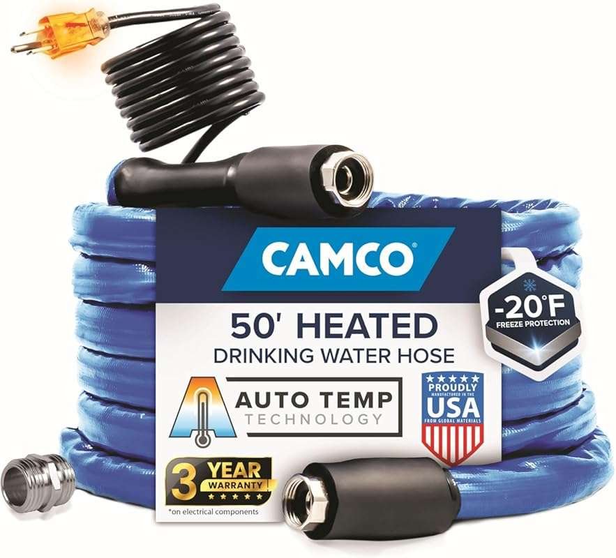 Camco 50' Heated RV Water Hose for Freeze Protection to -20°F, Drinkin