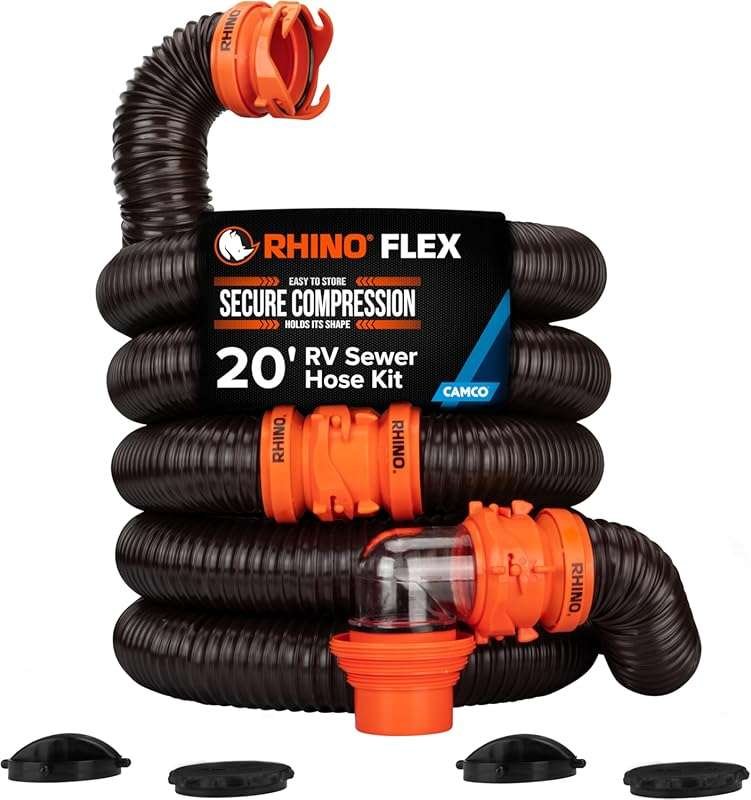 Camco RhinoFLEX 20-Ft RV Sewer Hose Kit: Clear Elbow, 4-in-1 Adapter,