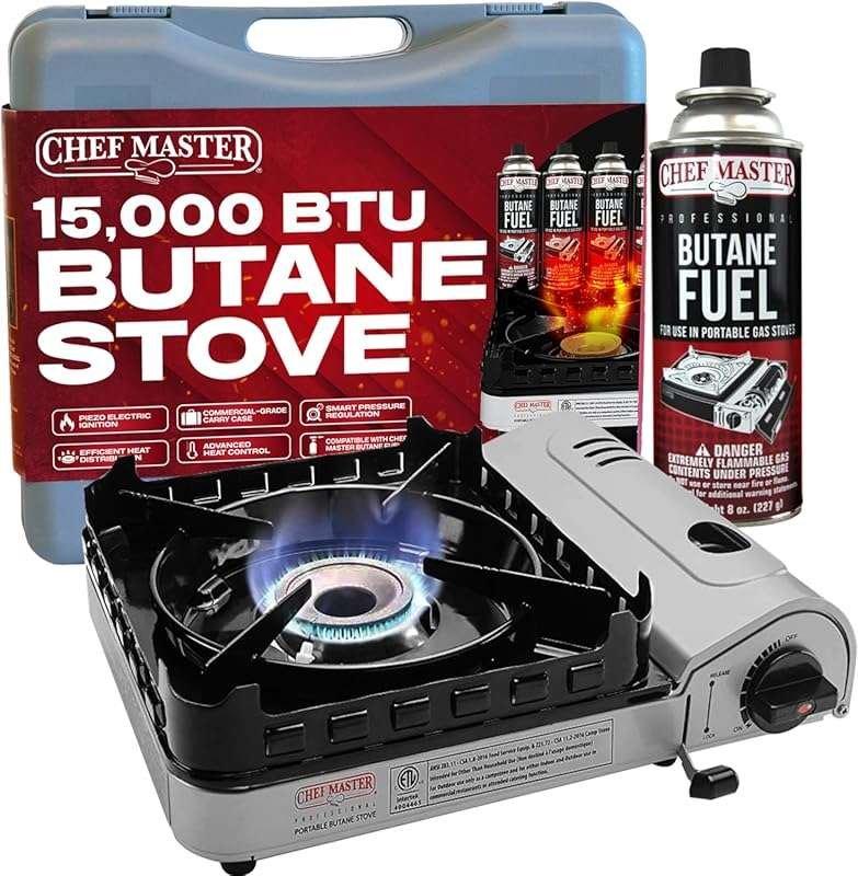 Chef Master 15,000 BTU Portable Double Wind-Guard Butane Camp Stove wi