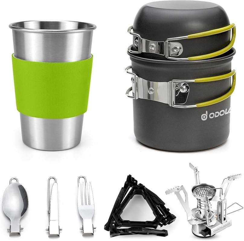 Odoland Camping Cookware Set with Stove, Carabiner, Canister Stand, Tr