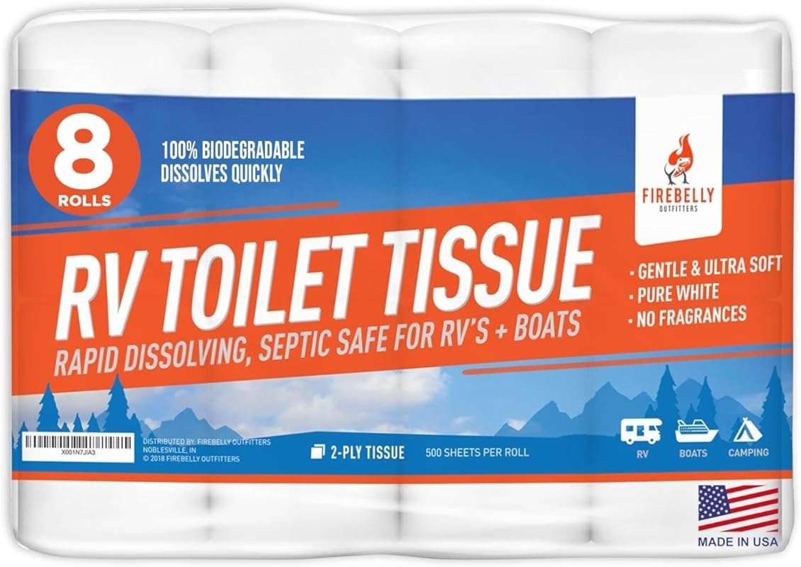 Firebelly Outfitters RV Toilet Paper, Septic Safe 2-Ply 8 Rolls Fast D