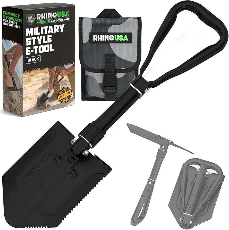 RHINO USA Folding Survival Shovel with Pick - Heavy Duty Carbon Steel 