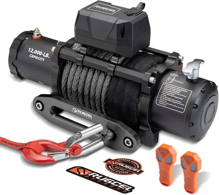RUGCEL 12,000lb Waterproof Electric Winch with Synthetic Rope, Wireles