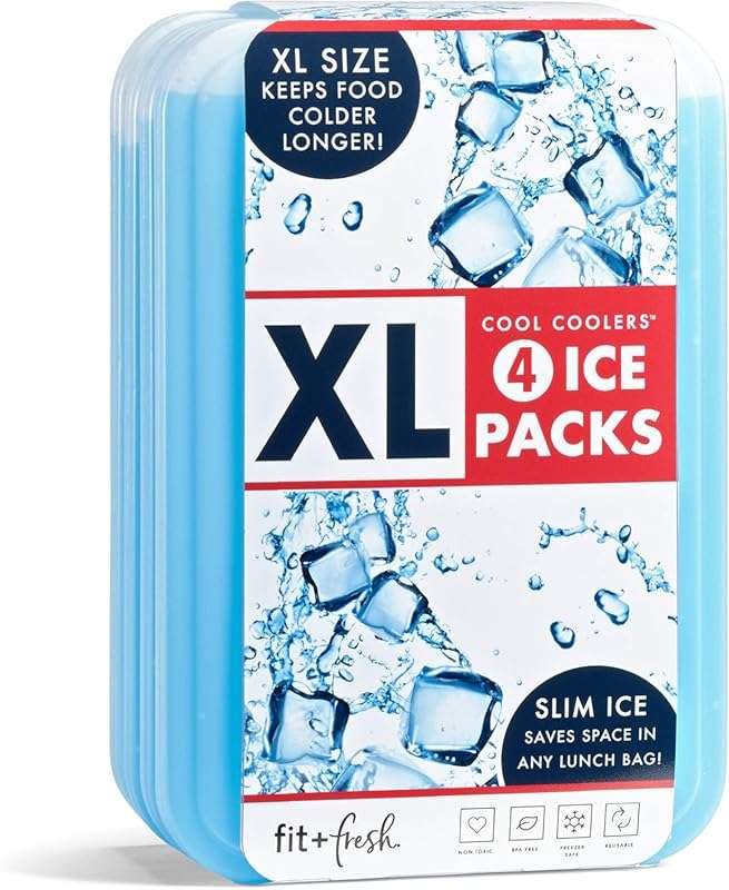 Cool Coolers XL Slim Ice Packs by Fit & Fresh, 4 Pack Blue Reusable Fr