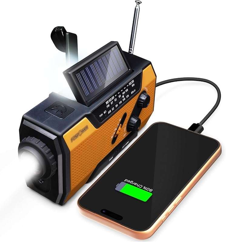 FosPower A1 NOAA Emergency Radio: 7400mWh Power Bank, AM/FM, USB/Solar