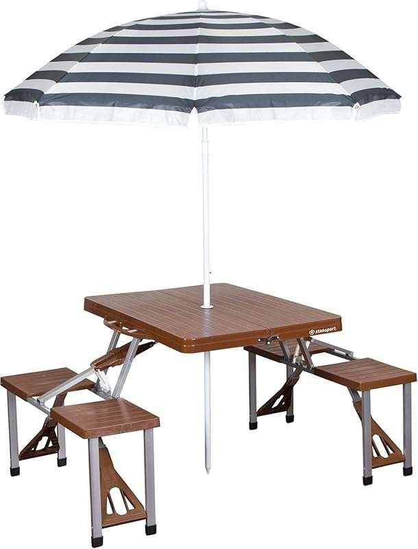 Stansport Brown Picnic Table and Umbrella Combo for Outdoor Fun