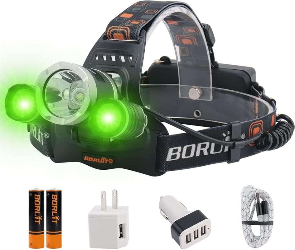 BORUIT RJ-3000 Rechargeable LED Headlamp: Super Bright Green Light, US
