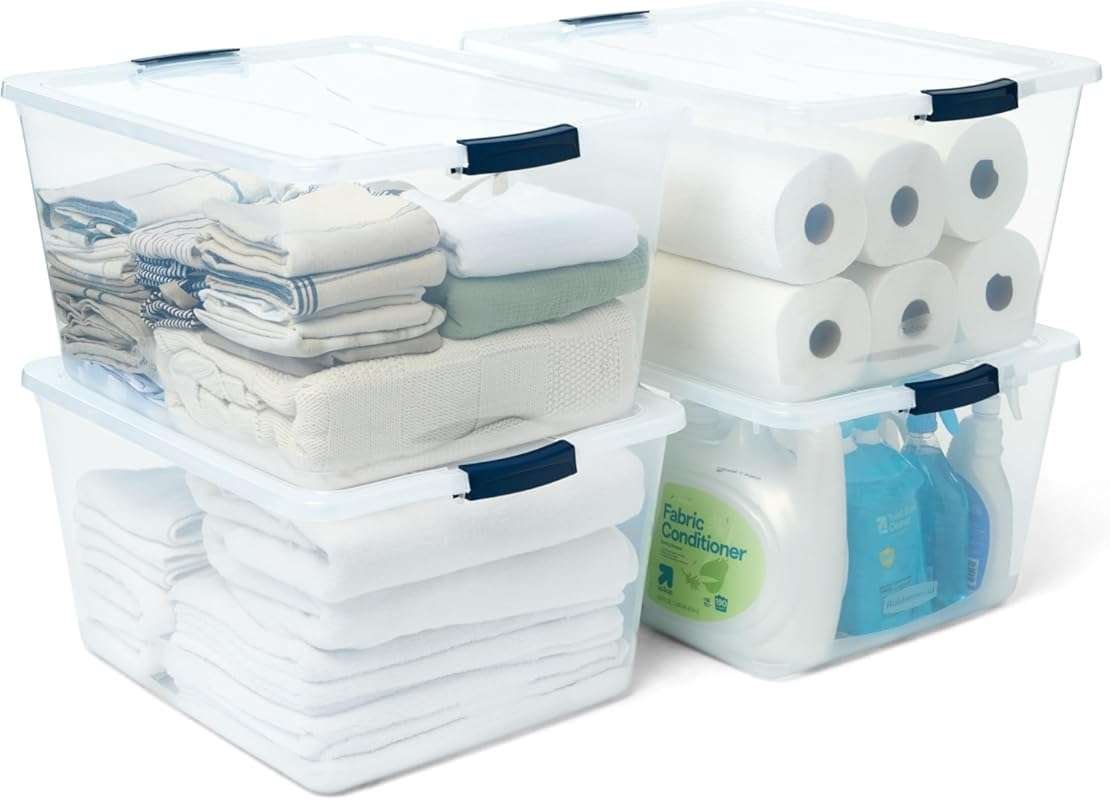 Rubbermaid 4-Pack 71 Qt Clear Stackable Storage Bins with Lids, BPA-Fr