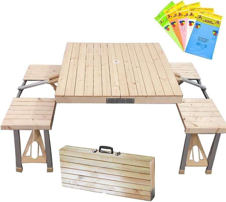STONCEL Wooden Folding Table and Chairs Set, Portable 4-Seat Picnic Ta