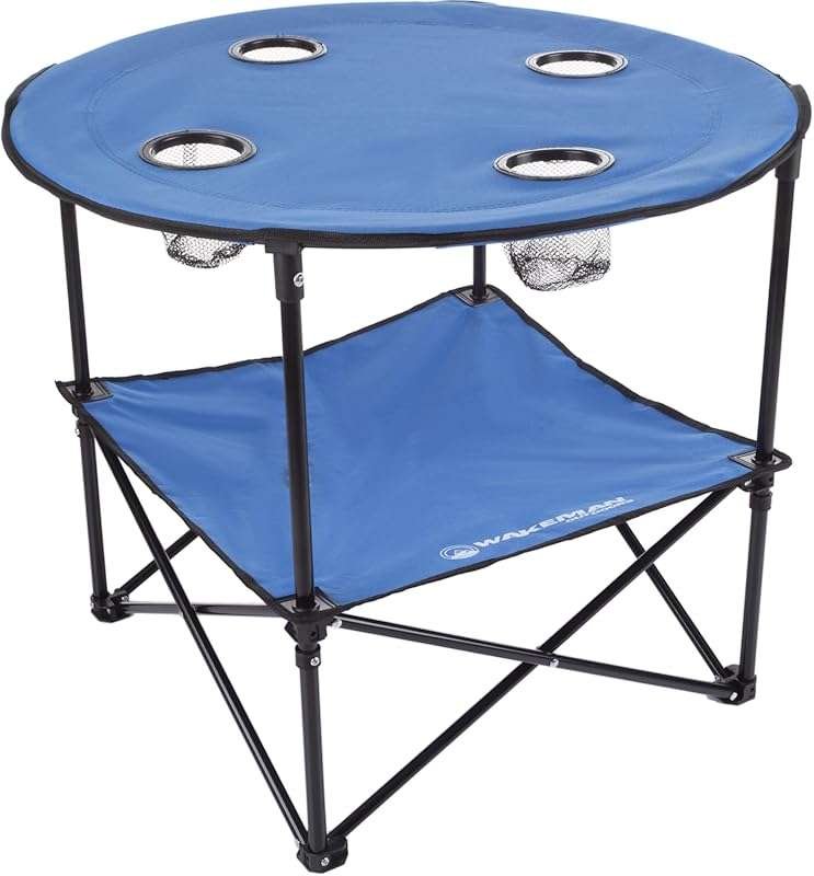 Wakeman Round 2-Tier Folding Camp Table with 4 Cupholders and Carrying