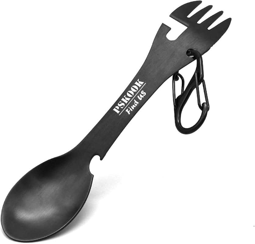 PSKOOK 5-in-1 Tactical Spork with Can Opener - Stainless Steel Camping