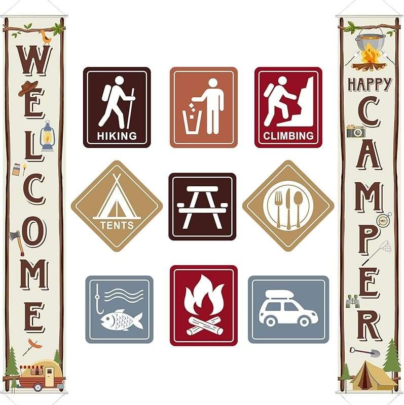Blulu Big Size Laminated Camping Party Sign Cutouts & Welcome Banner f