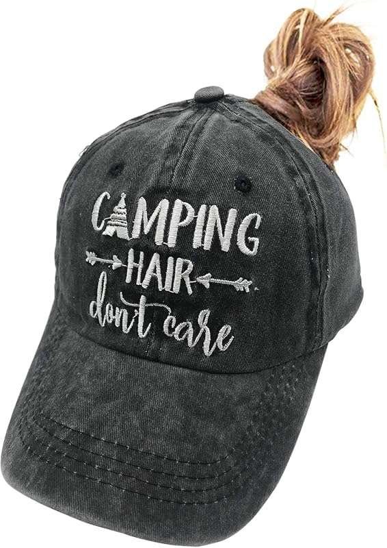 Camping Hair Don't Care Ponytail Hat: Vintage Washed Distressed Baseba