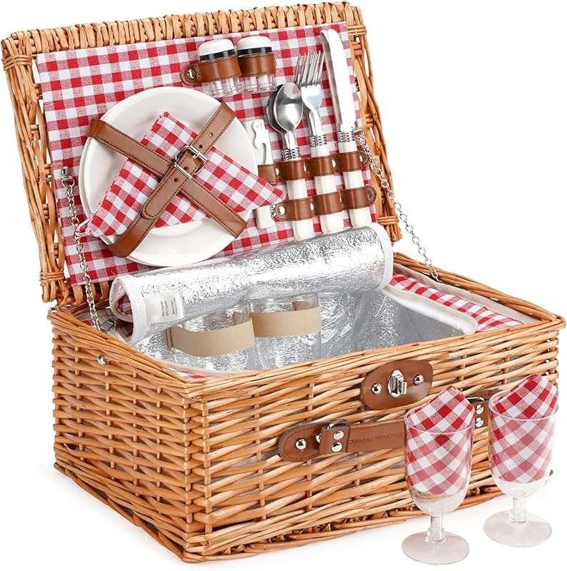 ZORMY Handmade Wicker Picnic Basket Set for 2 with Insulated Compartme