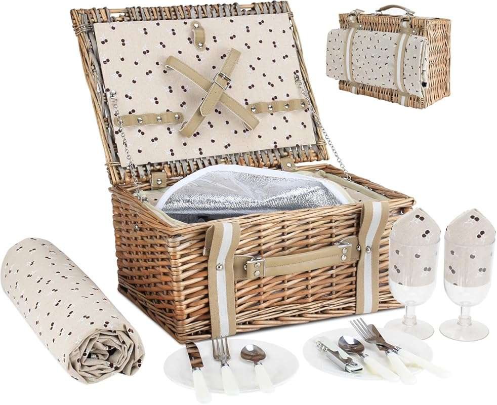 Willow Wicker Picnic Basket Set for 2 with Large Insulated Cooler Bag 