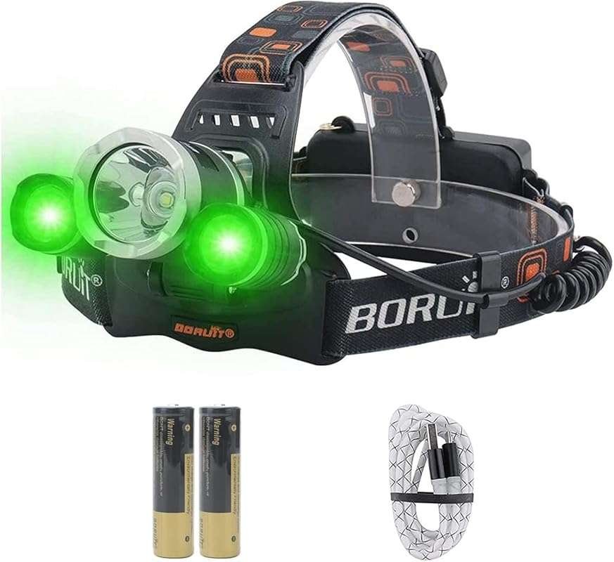BORUIT RJ-3000 LED Rechargeable Headlamp: Super Bright White Green Lig