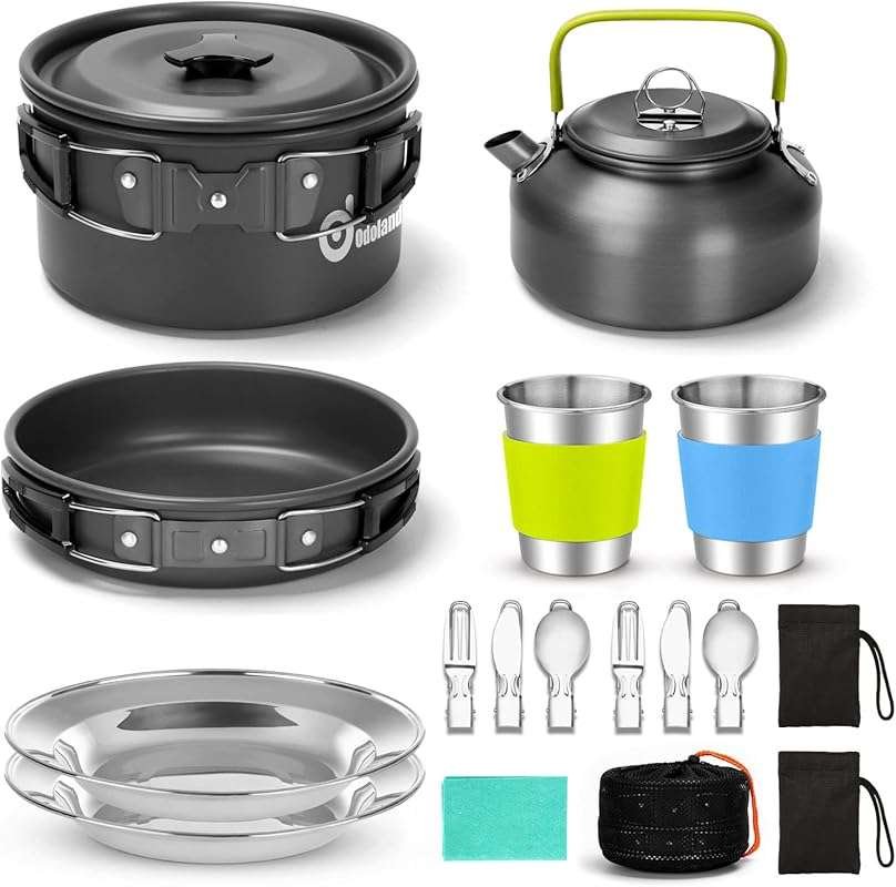 Odoland 15pcs Camping Cookware Mess Kit: Lightweight Non-Stick Pot, Pa