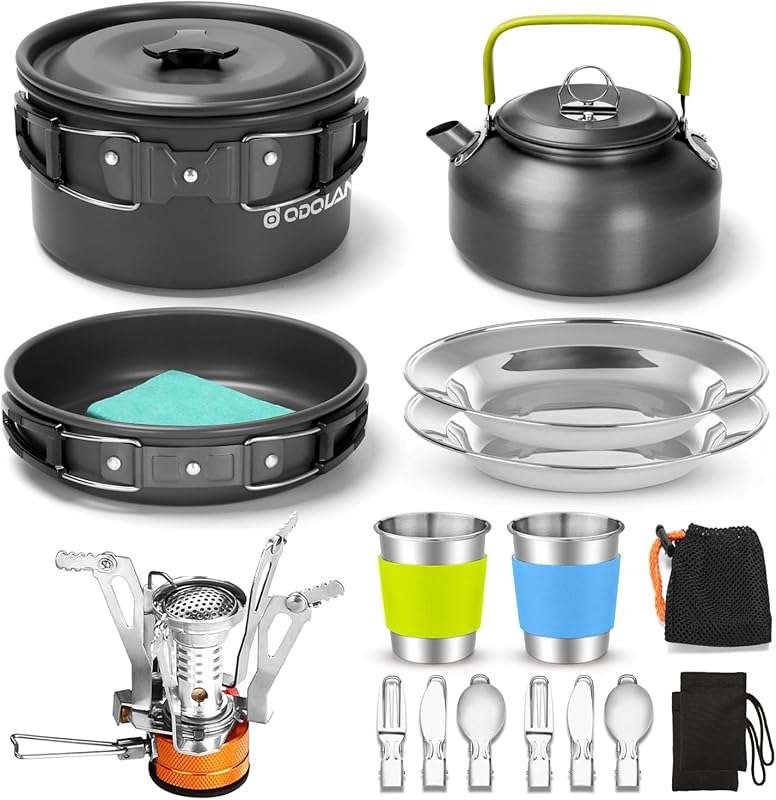 Odoland 16pcs Lightweight Camping Cookware Set with Folding Stove, Non