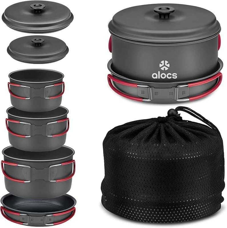 Alocs Compact Camping Cookware Set: Durable Hard Alumina Pots, Pans fo