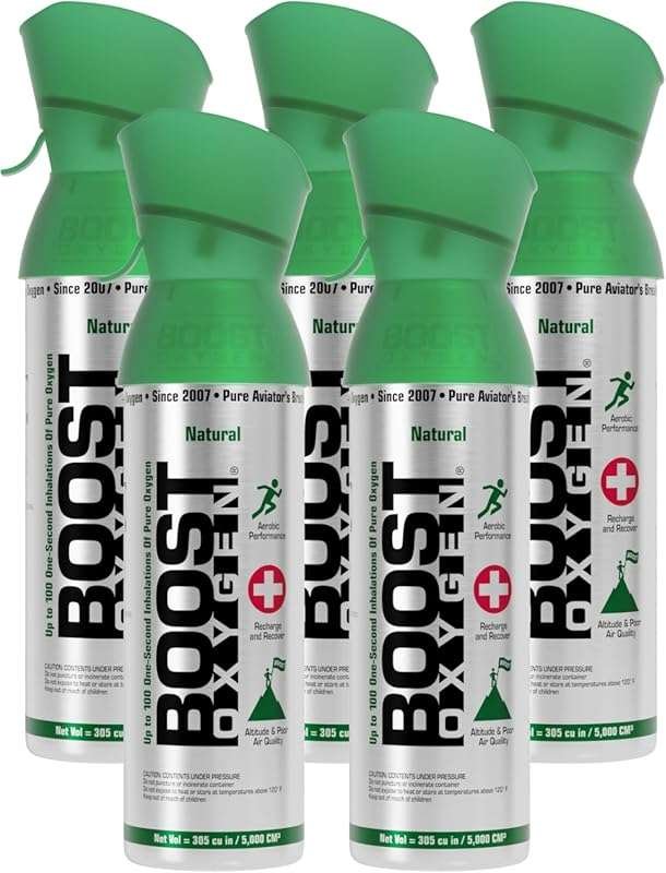 5 Pack 5-Liter Flavorless Boost Oxygen Canisters for Altitude and Athl