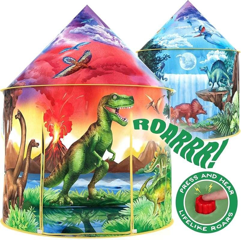 W&O Dinosaur Discovery Pop Up Kids Tent with Roar Button for Indoor/Ou