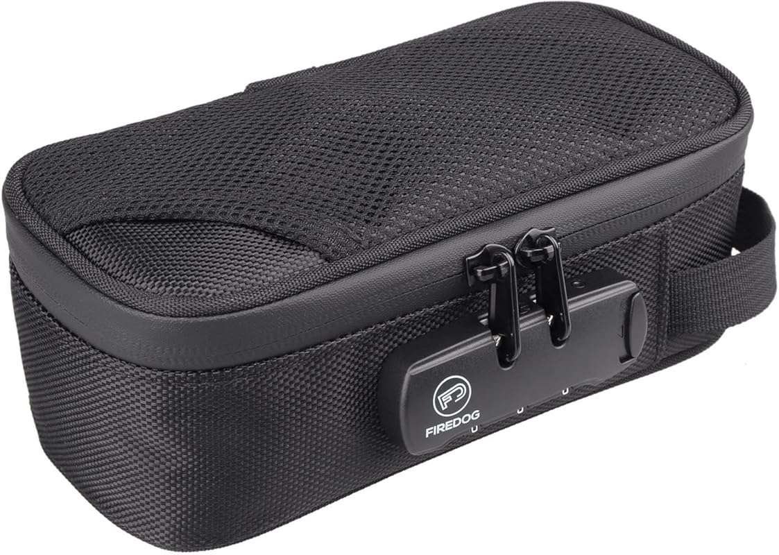 FIREDOG 8x4x2.75 Inch Black Smell Proof Case Bag with Lock & Carbon Li