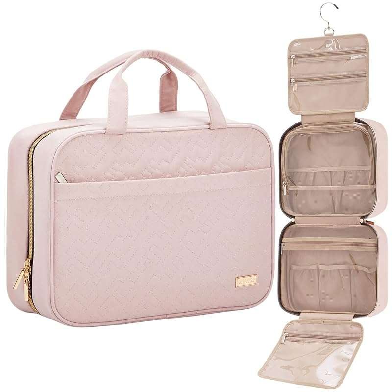 NISHEL Large Pink Travel Toiletry Bag for Women, Portable Hanging Orga