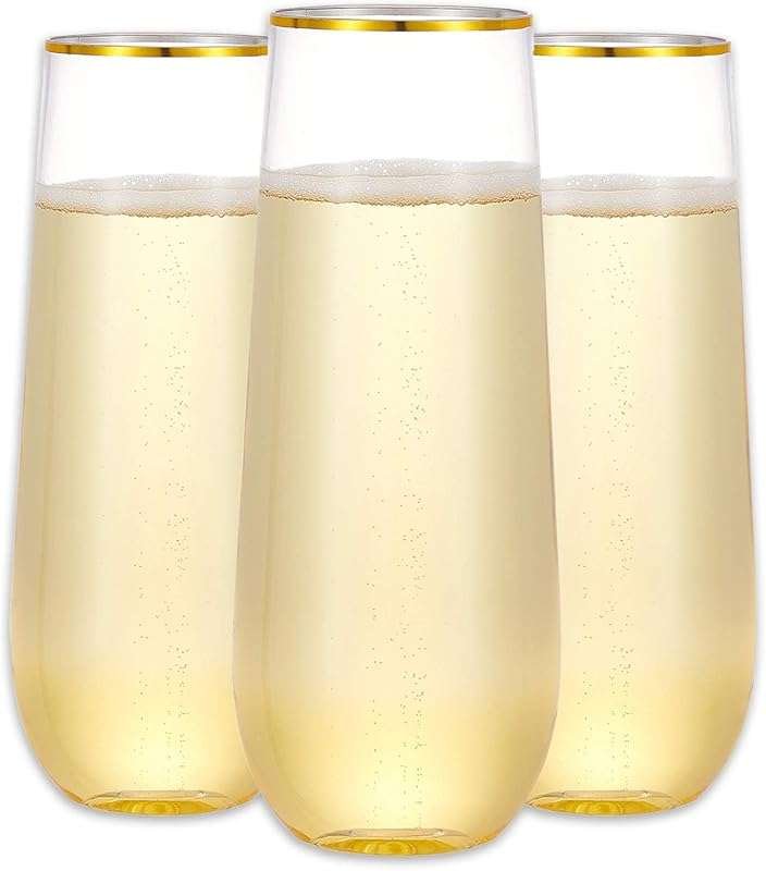 N9R 12 Pack Stemless Gold Rim Champagne Flutes - 9oz Shatterproof Clea
