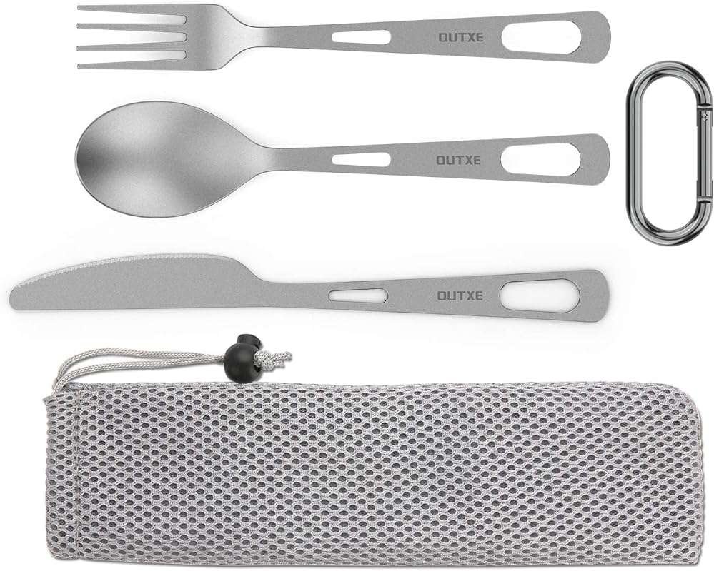 OUTXE Lightweight Titanium Camping Utility Cutlery Set with Carrying B