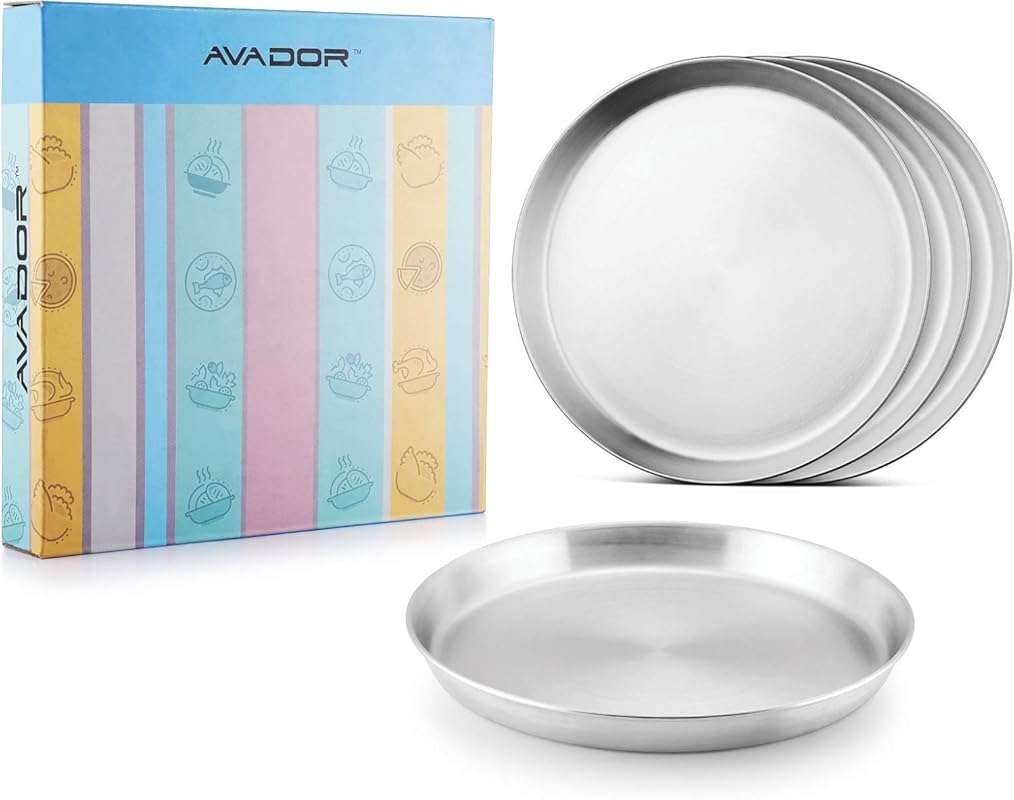 Avador 4 Pc 18/8 Stainless Steel Plates: Deep Round, BPA Free, Dishwas