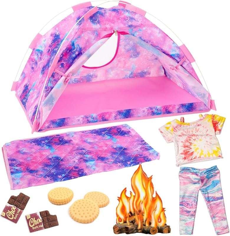 Ecore Fun 11-Piece 18-Inch Doll Camping Tent Set with Clothes, Campfir