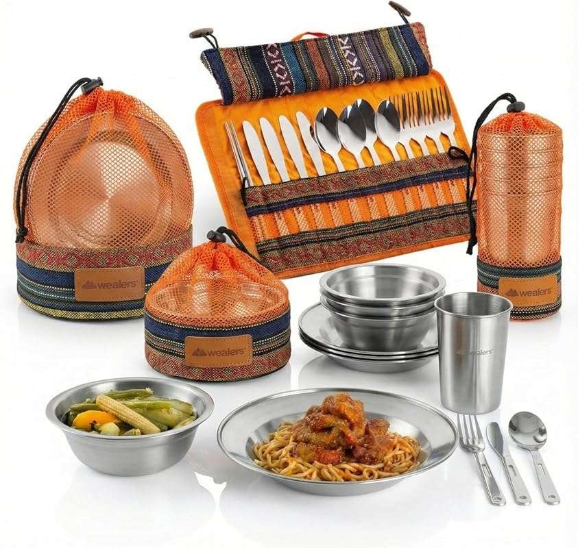 Wealers Polished Stainless Steel Messware Kit for 4, Portable Dinnerwa