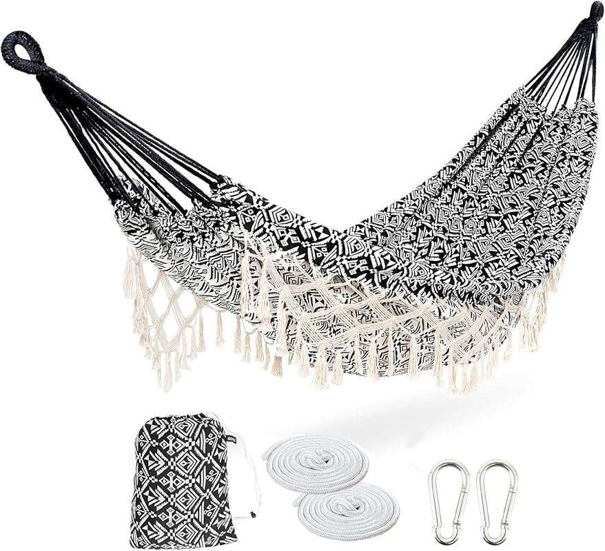 XX-Large Black/White Woven Cotton Hammock with Tassel Carry Bag for 2