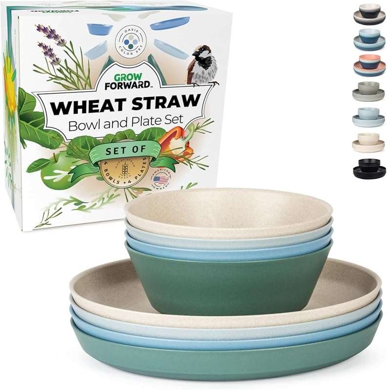 Grow Forward 8-Piece Wheat Straw Plates & Bowls Set: Unbreakable, Reus