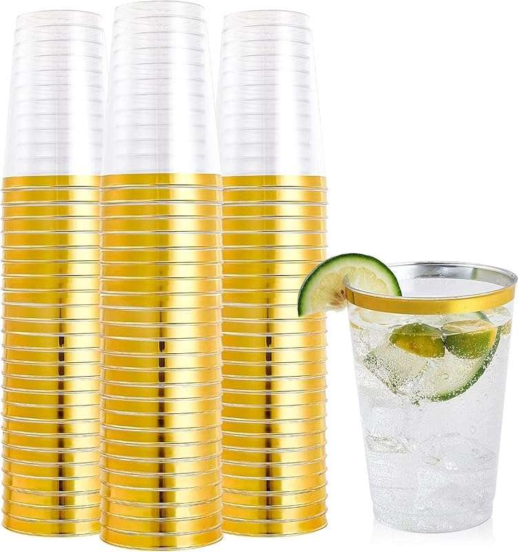 FOCUSLINE 100 Pack 12 oz Gold Rimmed Plastic Cups - Heavy-duty Clear F