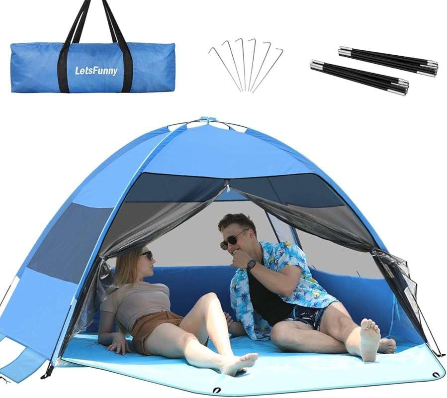 Easy Setup 3-4 Person Blue Beach Tent with UPF 50+ Anti-UV, Extended F